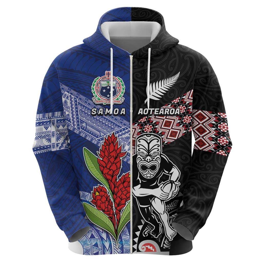 Custom Aotearoa and Samoa Rugby Zip Hoodie Maori Warrior and Teuila Emblem-Tatau with Taniko Art
