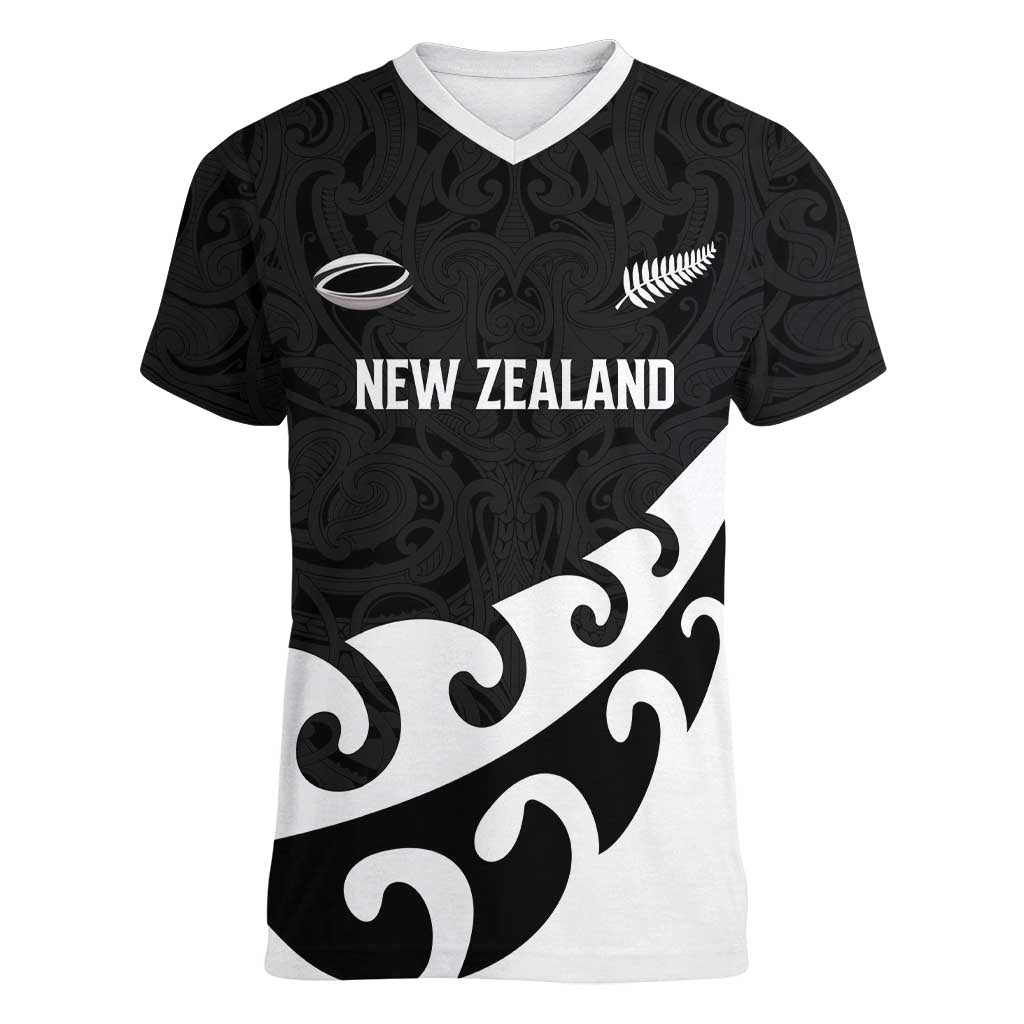 Custom NZ Rugby Women V-Neck T-Shirt Koru and Silver Fern Sporty Style LT03 Female Black - Polynesian Pride
