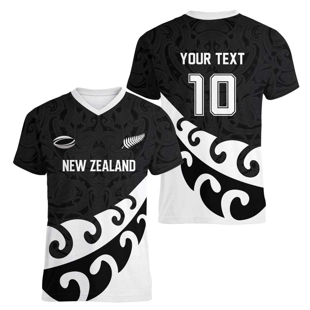 Custom NZ Rugby Women V-Neck T-Shirt Koru and Silver Fern Sporty Style LT03 - Polynesian Pride