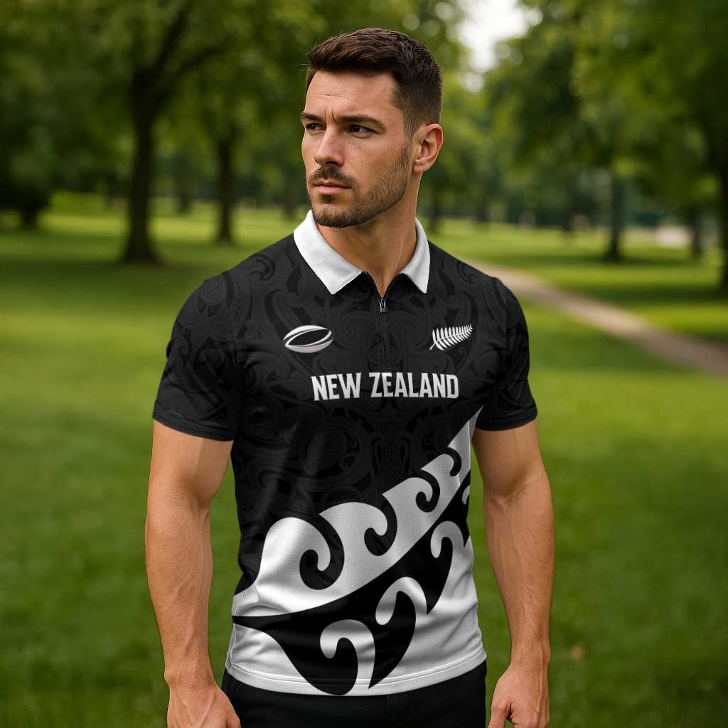 Custom NZ Rugby Zipper Polo Shirt Koru and Silver Fern Sporty Style
