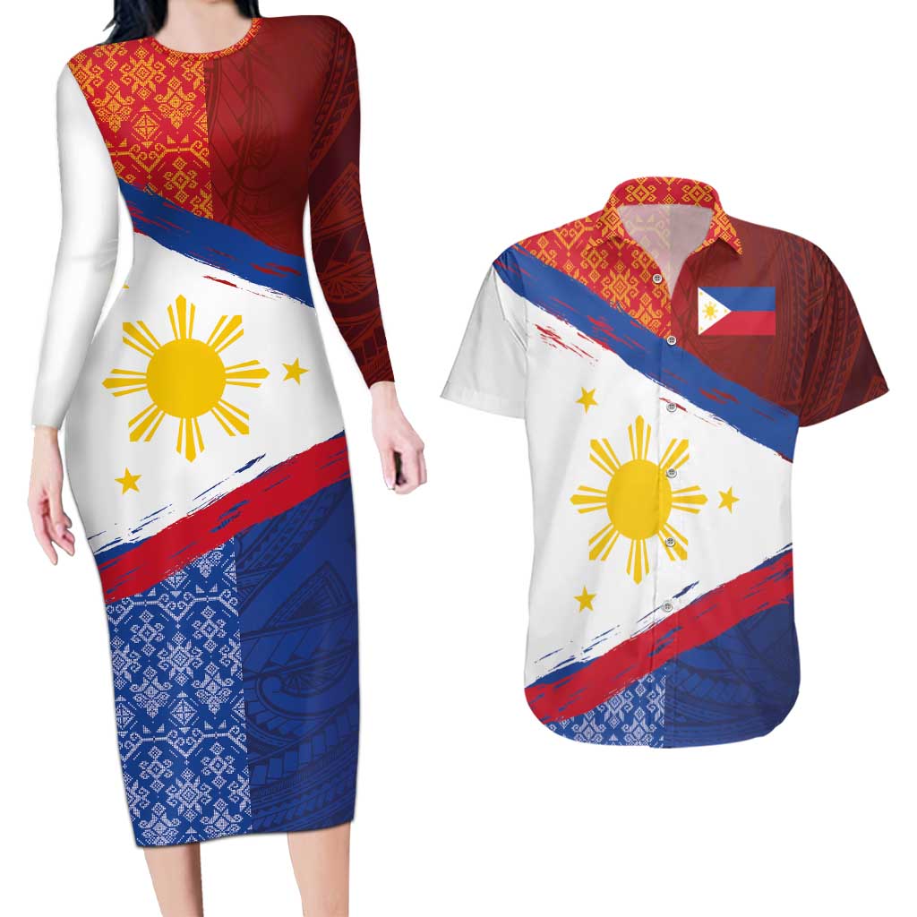 Philippines National Flag Day Couples Matching Long Sleeve Bodycon Dress and Hawaiian Shirt Polynesian and Yakan Tattoo Brush Style LT03 Red - Polynesian Pride