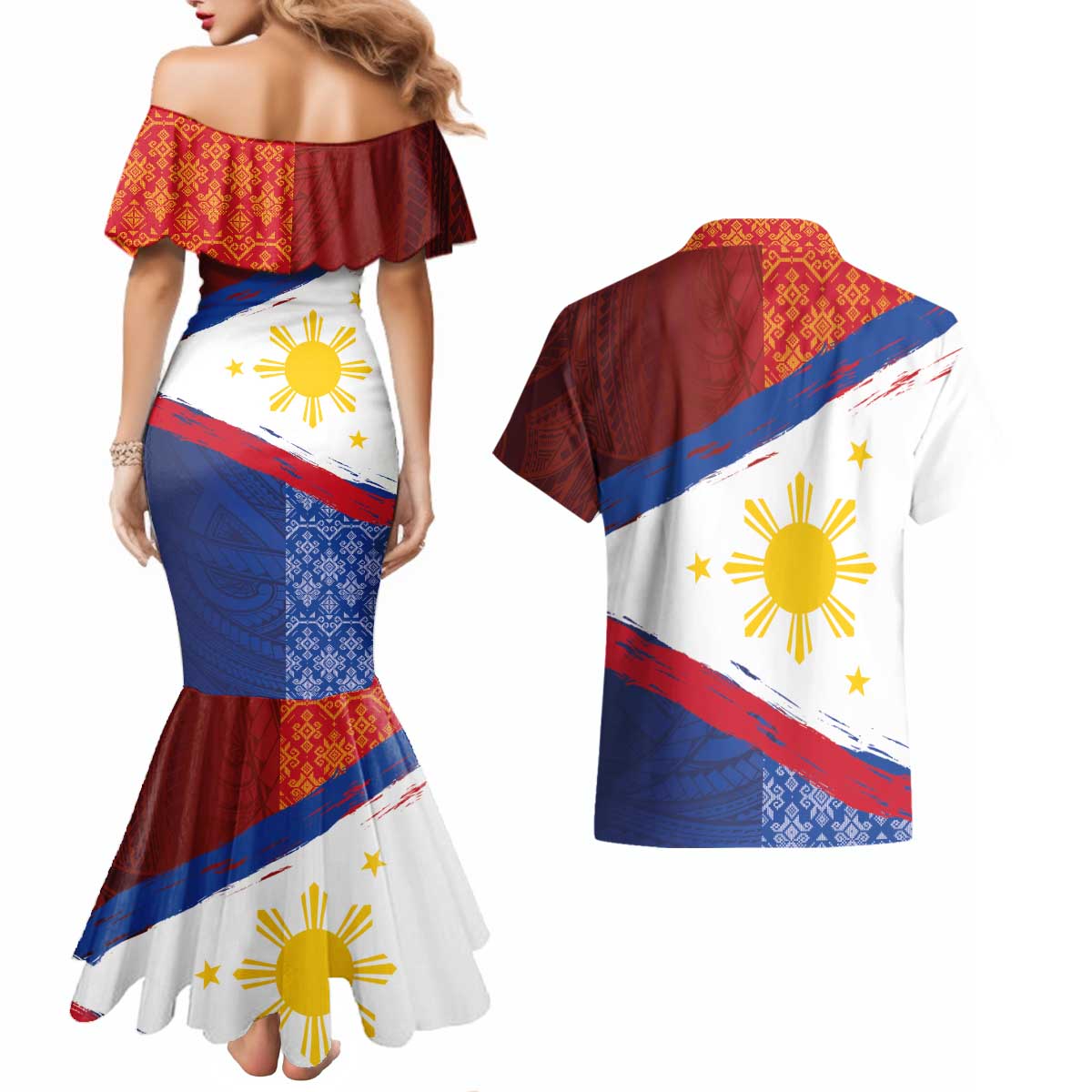 Philippines National Flag Day Couples Matching Mermaid Dress and Hawaiian Shirt Polynesian and Yakan Tattoo Brush Style LT03 - Polynesian Pride