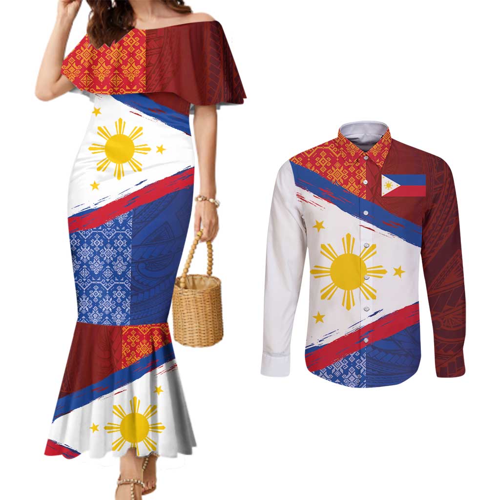 Philippines National Flag Day Couples Matching Mermaid Dress and Long Sleeve Button Shirt Polynesian and Yakan Tattoo Brush Style LT03 Red - Polynesian Pride