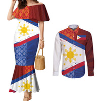 Philippines National Flag Day Couples Matching Mermaid Dress and Long Sleeve Button Shirt Polynesian and Yakan Tattoo Brush Style LT03 Red - Polynesian Pride