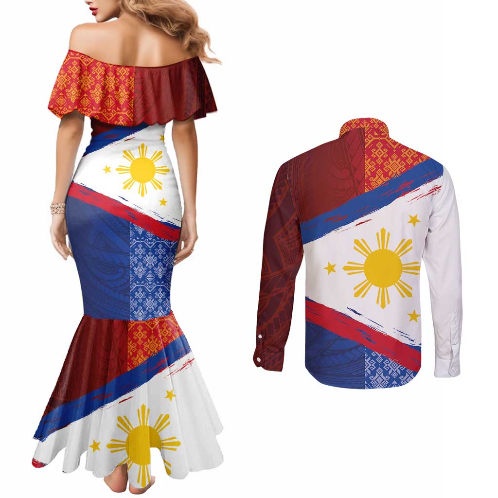 Philippines National Flag Day Couples Matching Mermaid Dress and Long Sleeve Button Shirt Polynesian and Yakan Tattoo Brush Style LT03 - Polynesian Pride
