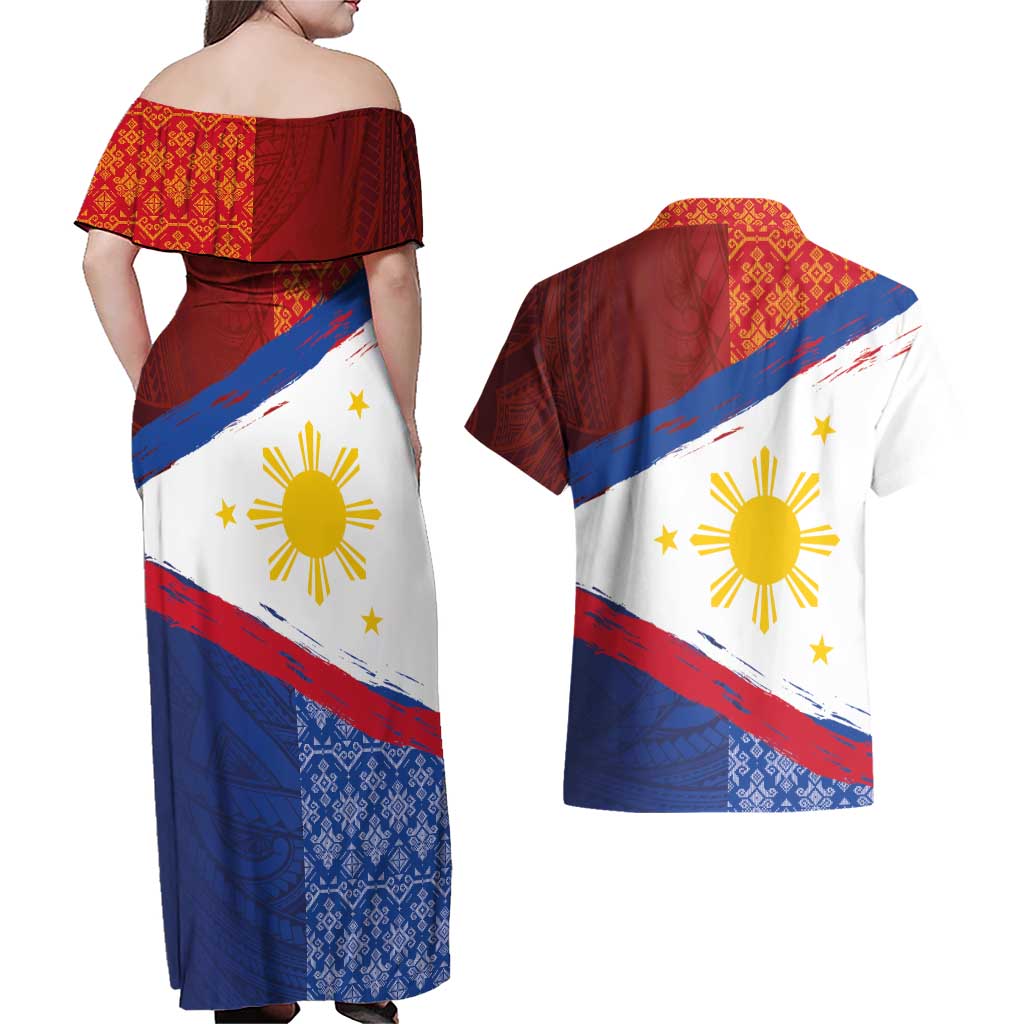 Philippines National Flag Day Couples Matching Off Shoulder Maxi Dress and Hawaiian Shirt Polynesian and Yakan Tattoo Brush Style LT03 - Polynesian Pride