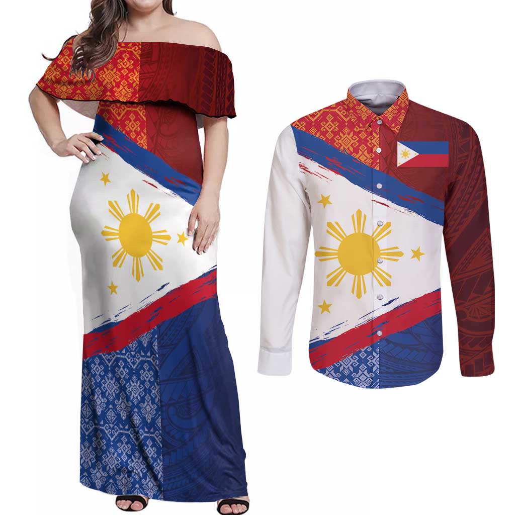 Philippines National Flag Day Couples Matching Off Shoulder Maxi Dress and Long Sleeve Button Shirt Polynesian and Yakan Tattoo Brush Style LT03 Red - Polynesian Pride