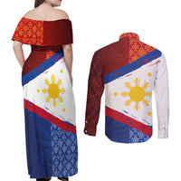Philippines National Flag Day Couples Matching Off Shoulder Maxi Dress and Long Sleeve Button Shirt Polynesian and Yakan Tattoo Brush Style LT03 - Polynesian Pride
