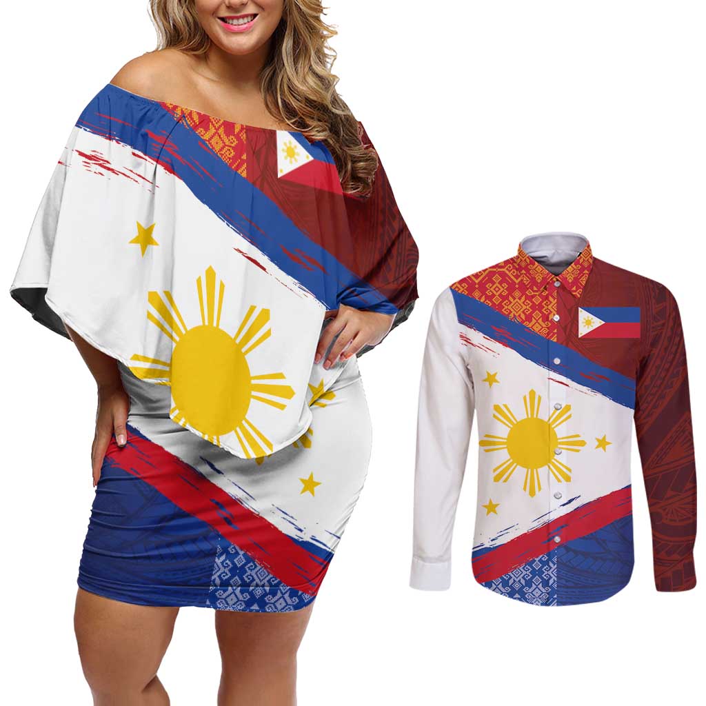 Philippines National Flag Day Couples Matching Off Shoulder Short Dress and Long Sleeve Button Shirt Polynesian and Yakan Tattoo Brush Style LT03 Red - Polynesian Pride