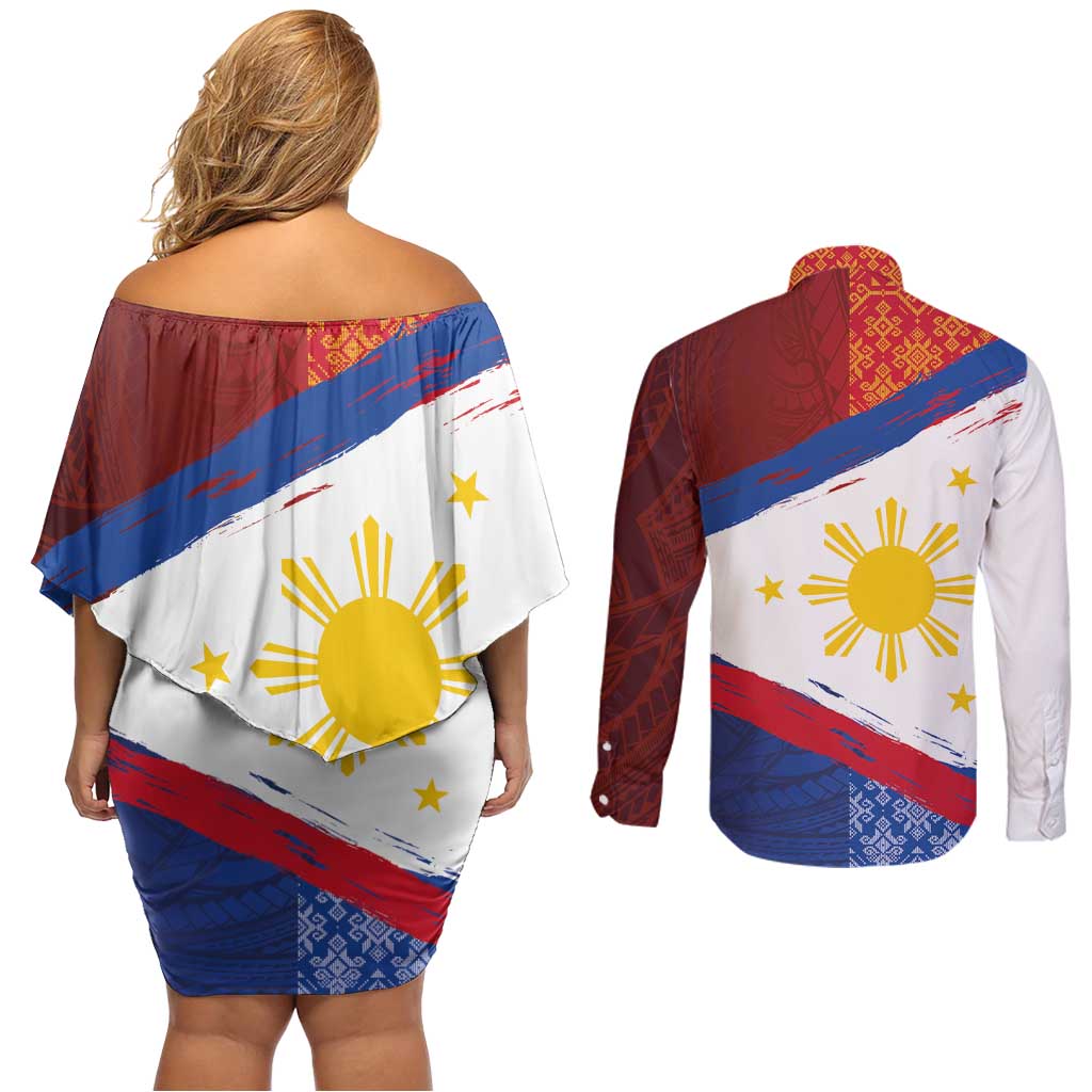 Philippines National Flag Day Couples Matching Off Shoulder Short Dress and Long Sleeve Button Shirt Polynesian and Yakan Tattoo Brush Style LT03 - Polynesian Pride