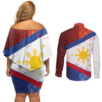 Philippines National Flag Day Couples Matching Off Shoulder Short Dress and Long Sleeve Button Shirt Polynesian and Yakan Tattoo Brush Style LT03 - Polynesian Pride