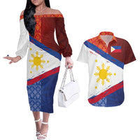 Philippines National Flag Day Couples Matching Off The Shoulder Long Sleeve Dress and Hawaiian Shirt Polynesian and Yakan Tattoo Brush Style LT03 Red - Polynesian Pride