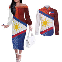 Philippines National Flag Day Couples Matching Off The Shoulder Long Sleeve Dress and Long Sleeve Button Shirt Polynesian and Yakan Tattoo Brush Style LT03 Red - Polynesian Pride