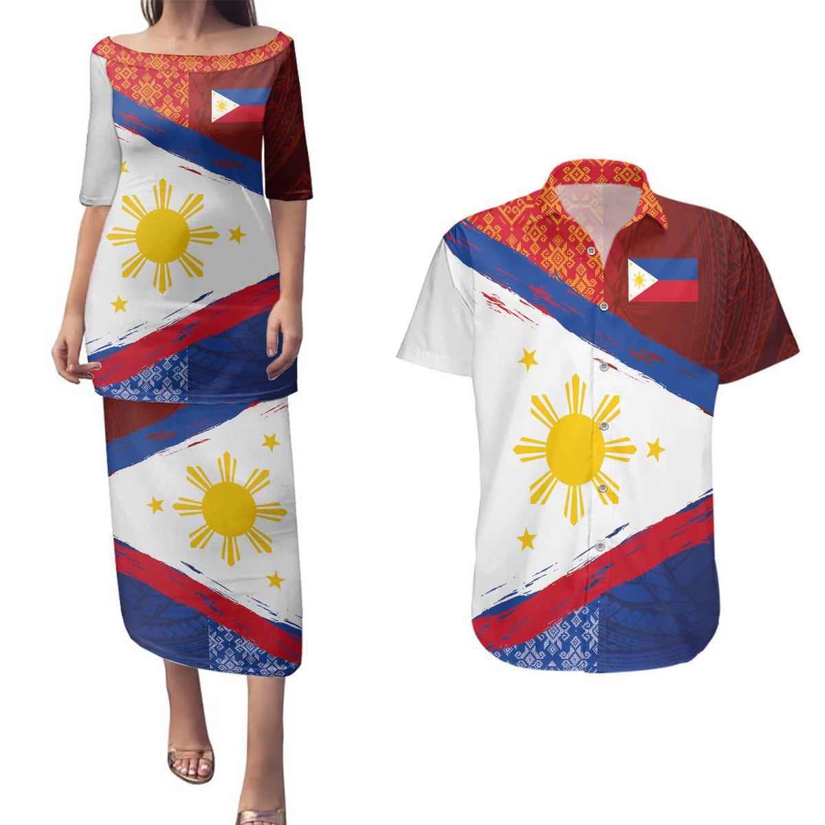 Philippines National Flag Day Couples Matching Puletasi and Hawaiian Shirt Polynesian and Yakan Tattoo Brush Style LT03 Red - Polynesian Pride