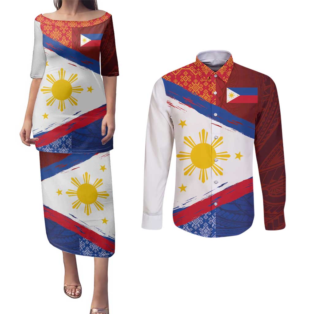 Philippines National Flag Day Couples Matching Puletasi and Long Sleeve Button Shirt Polynesian and Yakan Tattoo Brush Style LT03 Red - Polynesian Pride