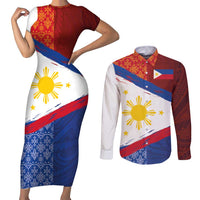 Philippines National Flag Day Couples Matching Short Sleeve Bodycon Dress and Long Sleeve Button Shirt Polynesian and Yakan Tattoo Brush Style LT03 Red - Polynesian Pride
