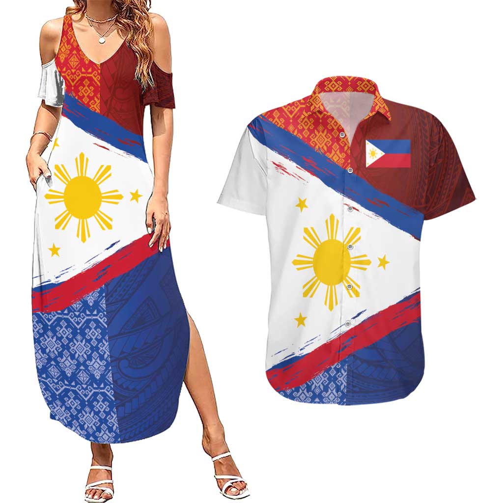 Philippines National Flag Day Couples Matching Summer Maxi Dress and Hawaiian Shirt Polynesian and Yakan Tattoo Brush Style LT03 Red - Polynesian Pride