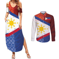 Philippines National Flag Day Couples Matching Summer Maxi Dress and Long Sleeve Button Shirt Polynesian and Yakan Tattoo Brush Style LT03 Red - Polynesian Pride