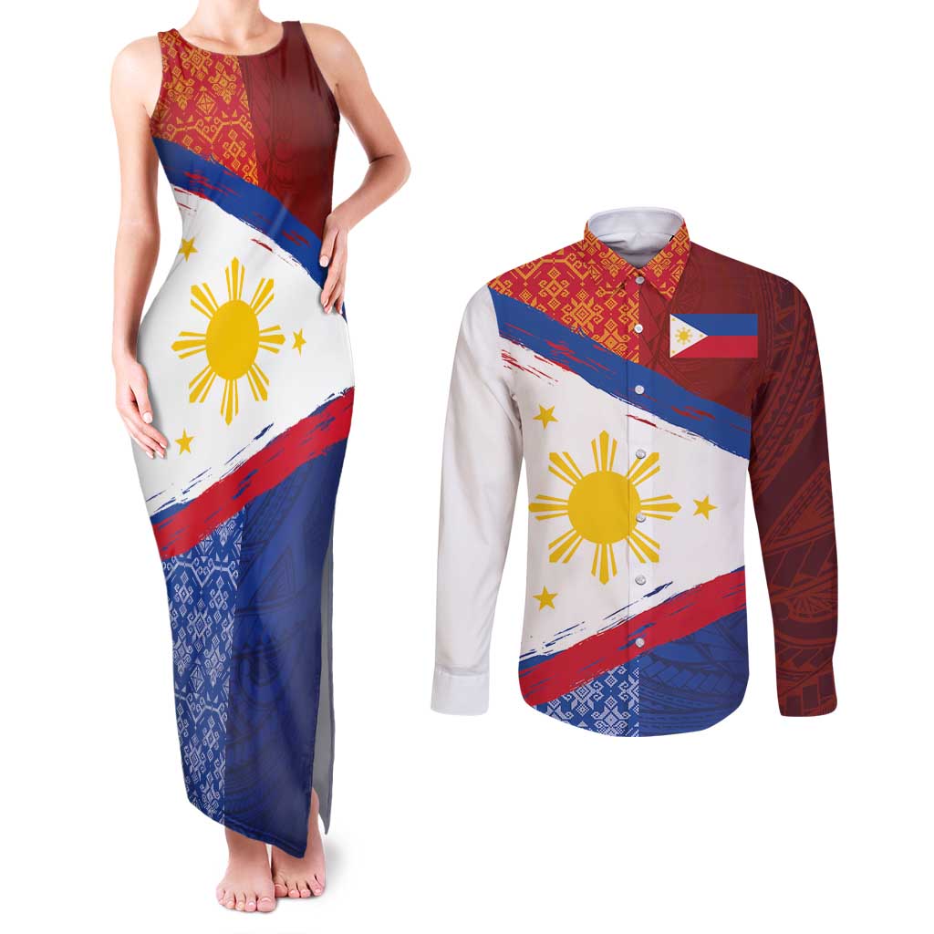 Philippines National Flag Day Couples Matching Tank Maxi Dress and Long Sleeve Button Shirt Polynesian and Yakan Tattoo Brush Style LT03 Red - Polynesian Pride