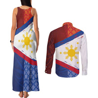 Philippines National Flag Day Couples Matching Tank Maxi Dress and Long Sleeve Button Shirt Polynesian and Yakan Tattoo Brush Style LT03 - Polynesian Pride