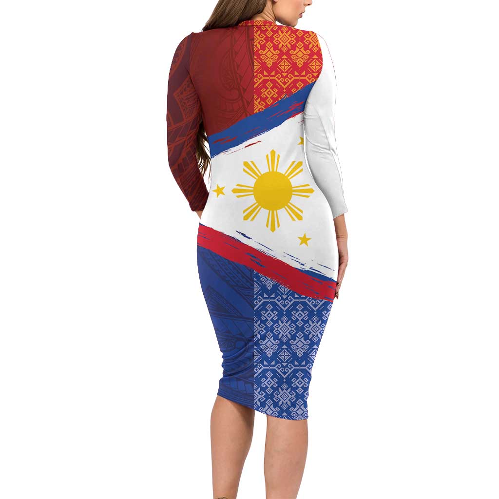 Philippines National Flag Day Family Matching Long Sleeve Bodycon Dress and Hawaiian Shirt Polynesian and Yakan Tattoo Brush Style LT03 - Polynesian Pride