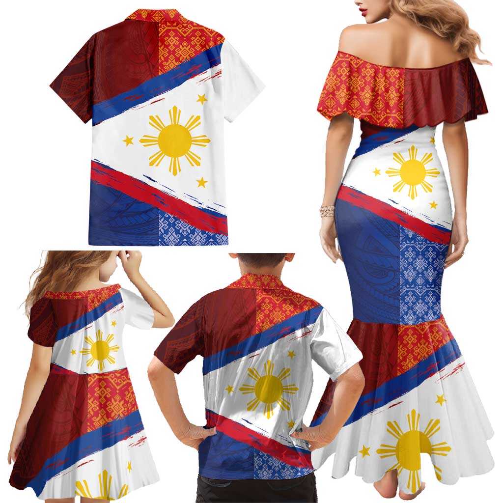 Philippines National Flag Day Family Matching Mermaid Dress and Hawaiian Shirt Polynesian and Yakan Tattoo Brush Style LT03 - Polynesian Pride