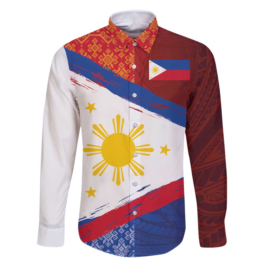 Philippines National Flag Day Family Matching Mermaid Dress and Hawaiian Shirt Polynesian and Yakan Tattoo Brush Style LT03 Dad's Shirt - Long Sleeve Red - Polynesian Pride