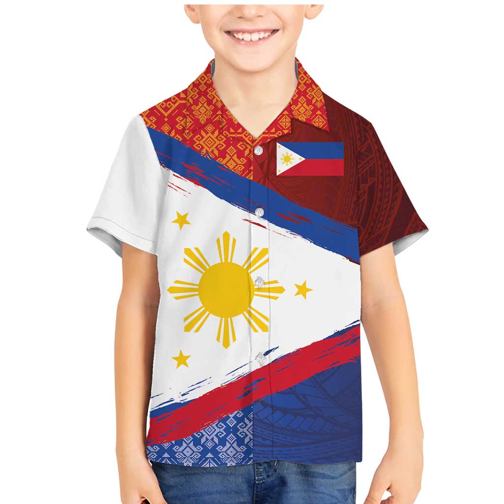 Philippines National Flag Day Family Matching Mermaid Dress and Hawaiian Shirt Polynesian and Yakan Tattoo Brush Style LT03 Son's Shirt Red - Polynesian Pride