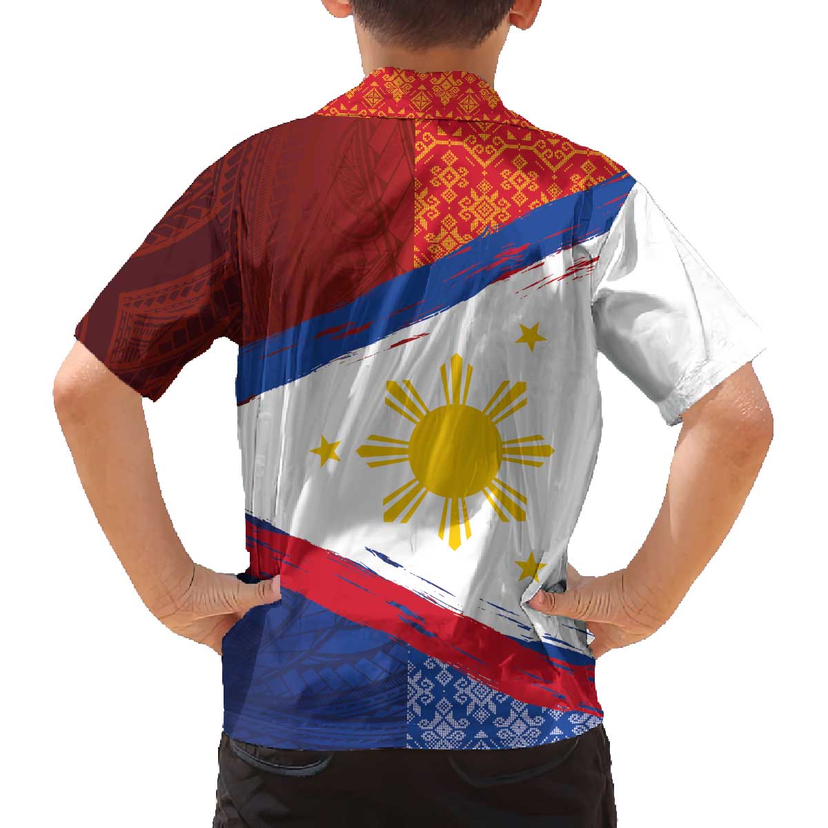 Philippines National Flag Day Family Matching Off The Shoulder Long Sleeve Dress and Hawaiian Shirt Polynesian and Yakan Tattoo Brush Style LT03 - Polynesian Pride