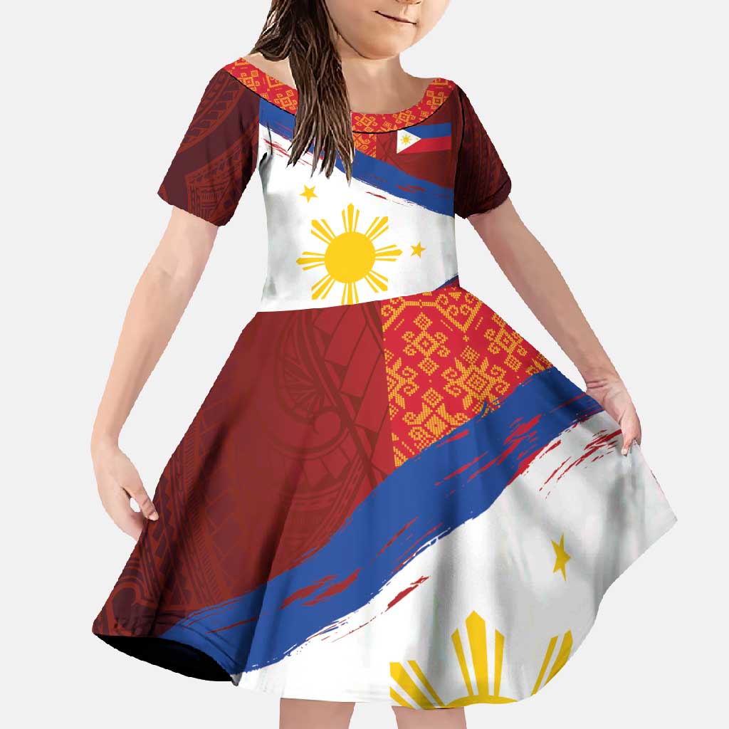 Philippines National Flag Day Family Matching Off Shoulder Maxi Dress and Hawaiian Shirt Polynesian and Yakan Tattoo Brush Style LT03 Daughter's Dress Red - Polynesian Pride
