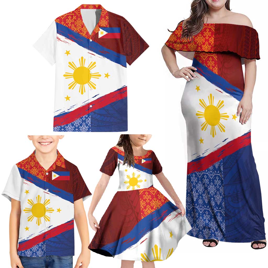 Philippines National Flag Day Family Matching Off Shoulder Maxi Dress and Hawaiian Shirt Polynesian and Yakan Tattoo Brush Style LT03 - Polynesian Pride