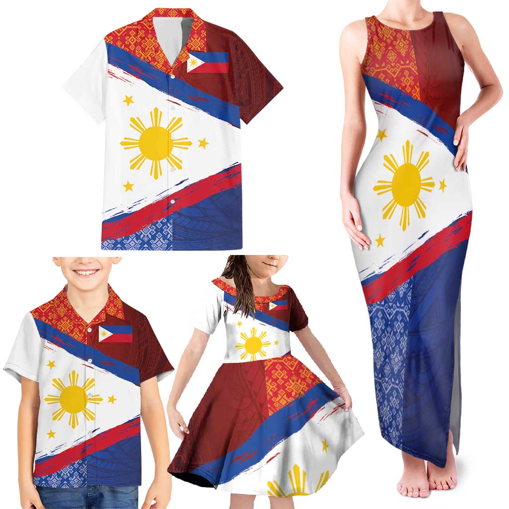 Philippines National Flag Day Family Matching Tank Maxi Dress and Hawaiian Shirt Polynesian and Yakan Tattoo Brush Style LT03 - Polynesian Pride