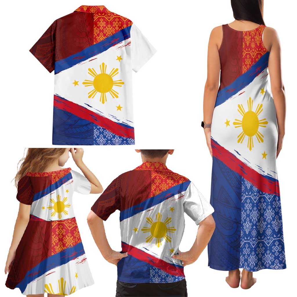 Philippines National Flag Day Family Matching Tank Maxi Dress and Hawaiian Shirt Polynesian and Yakan Tattoo Brush Style LT03 - Polynesian Pride