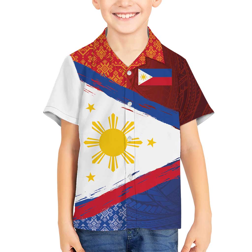 Philippines National Flag Day Family Matching Tank Maxi Dress and Hawaiian Shirt Polynesian and Yakan Tattoo Brush Style LT03 Son's Shirt Red - Polynesian Pride