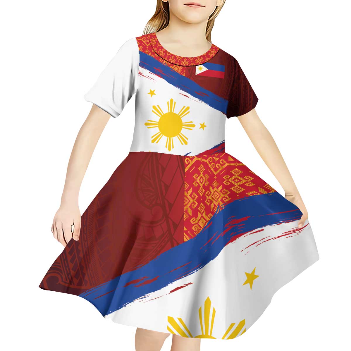 Philippines National Flag Day Kid Short Sleeve Dress Polynesian and Yakan Tattoo Brush Style LT03 - Polynesian Pride