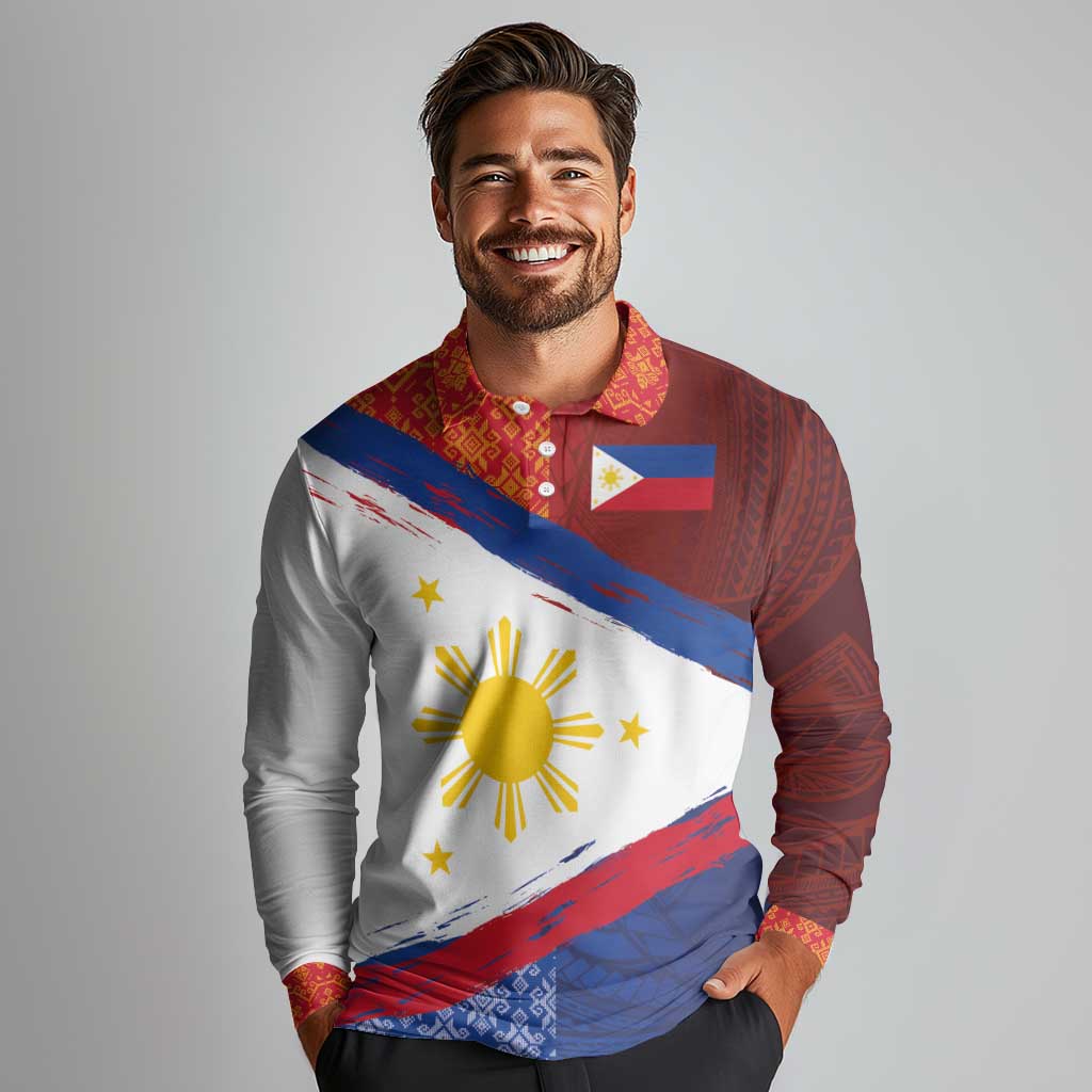 Philippines National Flag Day Long Sleeve Polo Shirt Polynesian and Yakan Tattoo Brush Style LT03 - Polynesian Pride