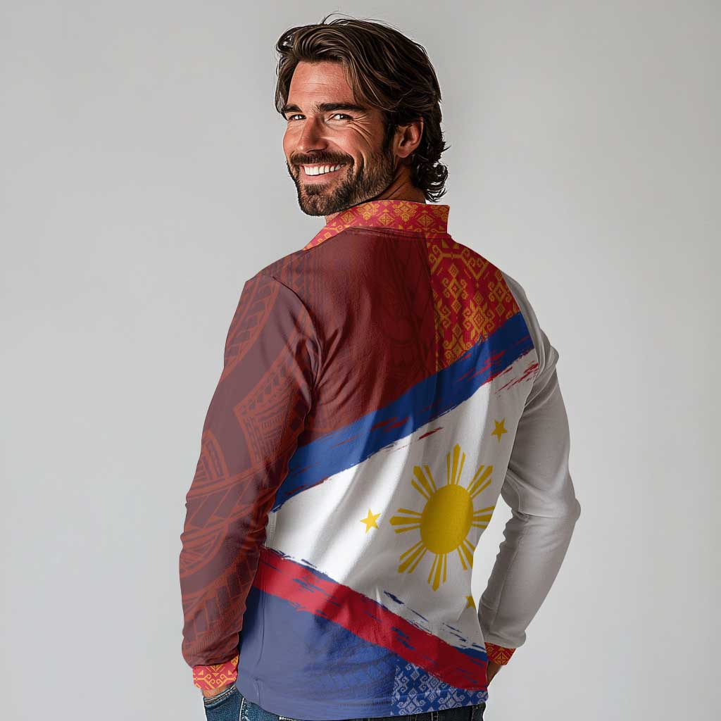 Philippines National Flag Day Long Sleeve Polo Shirt Polynesian and Yakan Tattoo Brush Style LT03 - Polynesian Pride