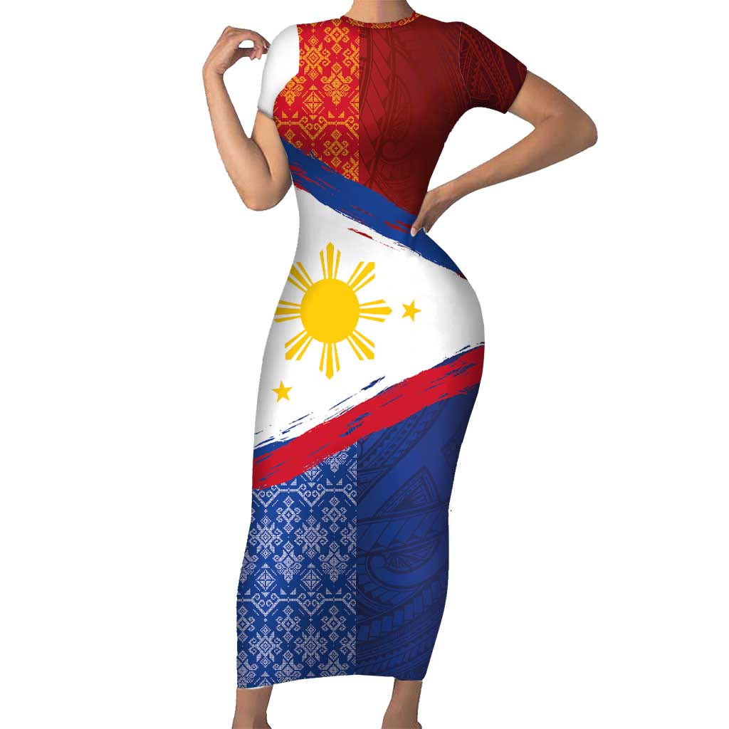 Philippines National Flag Day Short Sleeve Bodycon Dress Polynesian and Yakan Tattoo Brush Style LT03 Long Dress Red - Polynesian Pride