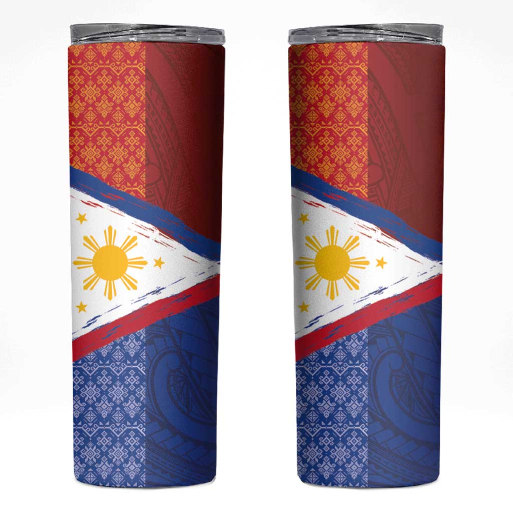 Philippines National Flag Day Skinny Tumbler Polynesian and Yakan Tattoo Brush Style LT03 Red - Polynesian Pride