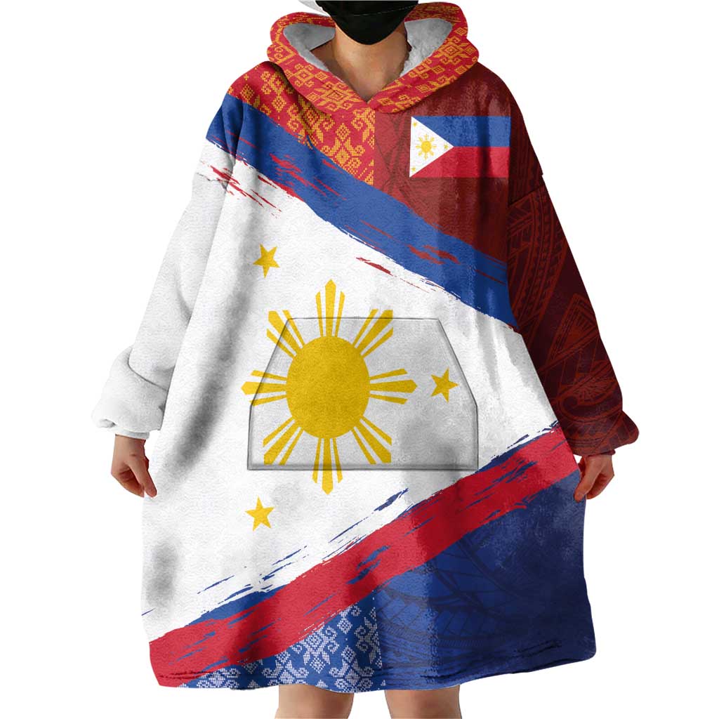 Philippines National Flag Day Wearable Blanket Hoodie Polynesian and Yakan Tattoo Brush Style LT03 - Polynesian Pride