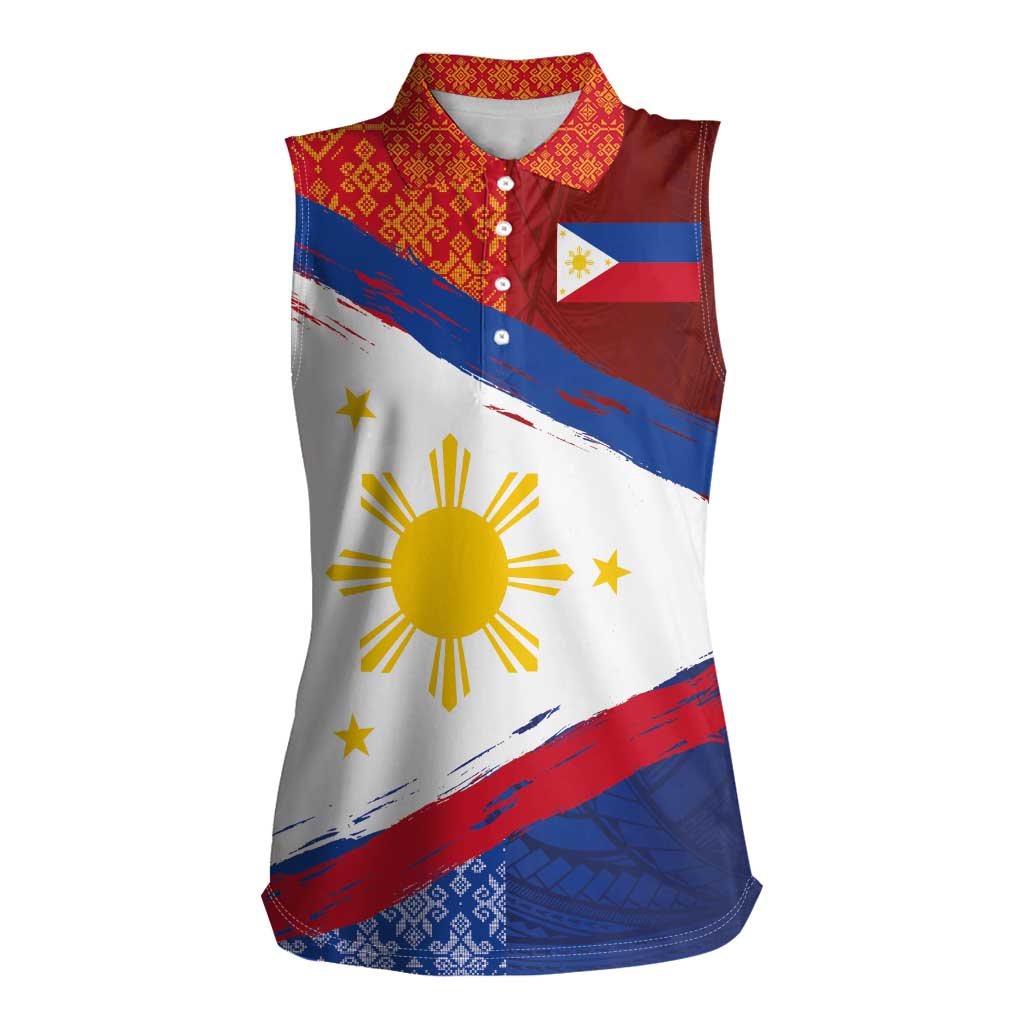Philippines National Flag Day Women Sleeveless Polo Shirt - Polynesian and Yakan Tattoo Brush Style LT03 Female Red - Polynesian Pride