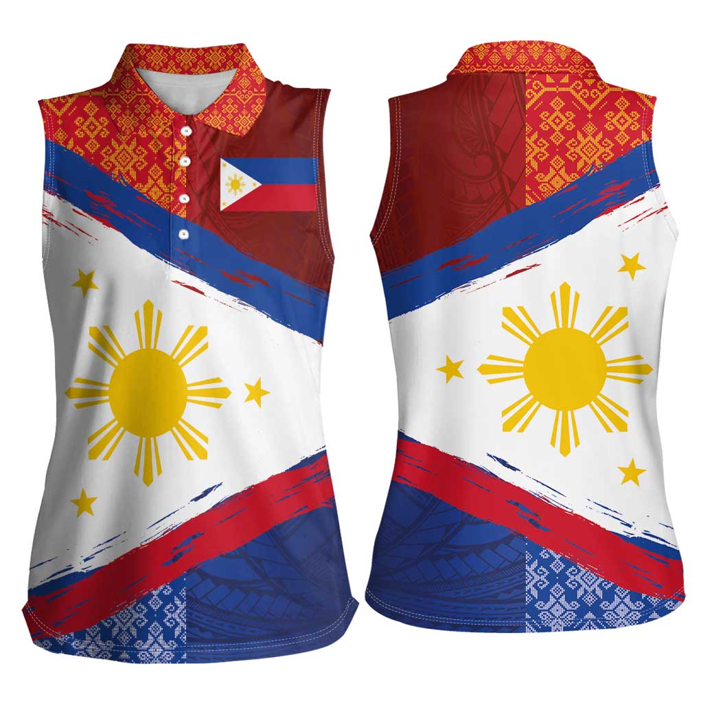 Philippines National Flag Day Women Sleeveless Polo Shirt - Polynesian and Yakan Tattoo Brush Style LT03 - Polynesian Pride