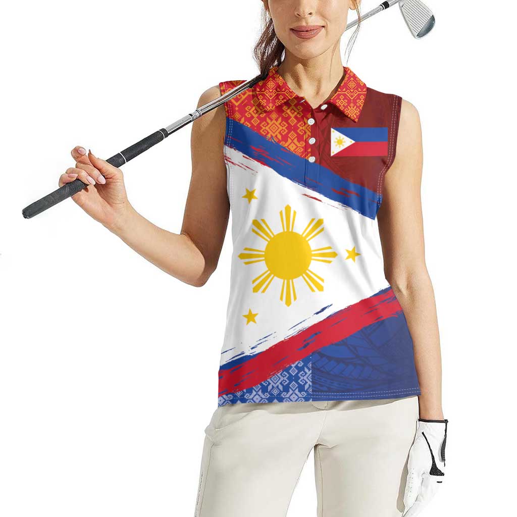 Philippines National Flag Day Women Sleeveless Polo Shirt - Polynesian and Yakan Tattoo Brush Style LT03 - Polynesian Pride