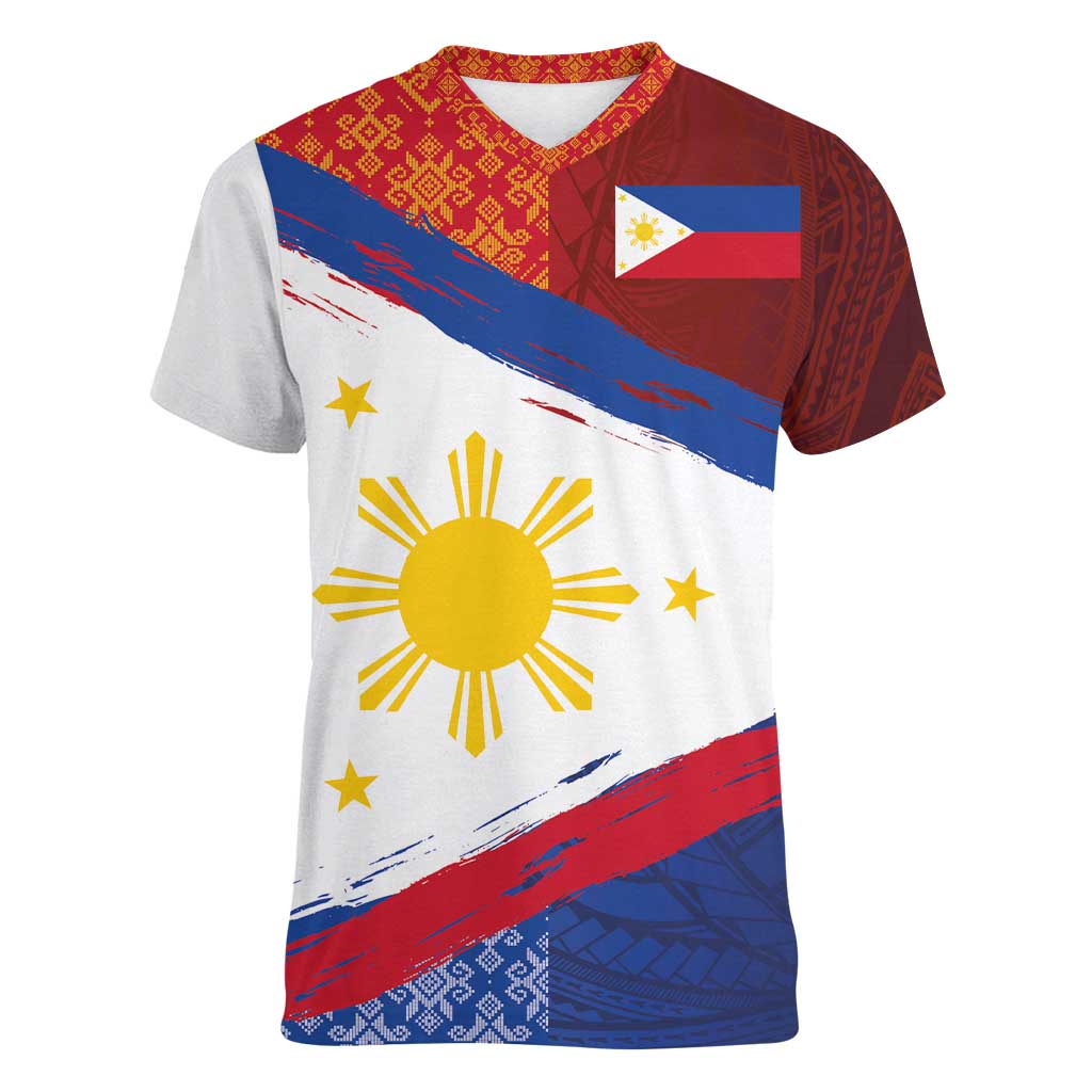 Philippines National Flag Day Women V-Neck T-Shirt Polynesian and Yakan Tattoo Brush Style LT03 Female Red - Polynesian Pride