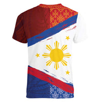 Philippines National Flag Day Women V-Neck T-Shirt Polynesian and Yakan Tattoo Brush Style LT03 - Polynesian Pride