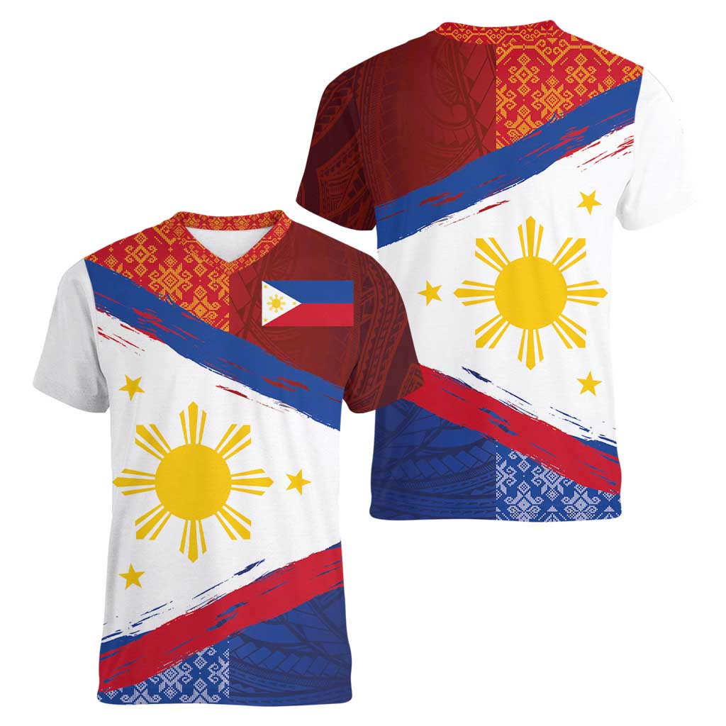 Philippines National Flag Day Women V-Neck T-Shirt Polynesian and Yakan Tattoo Brush Style LT03 - Polynesian Pride