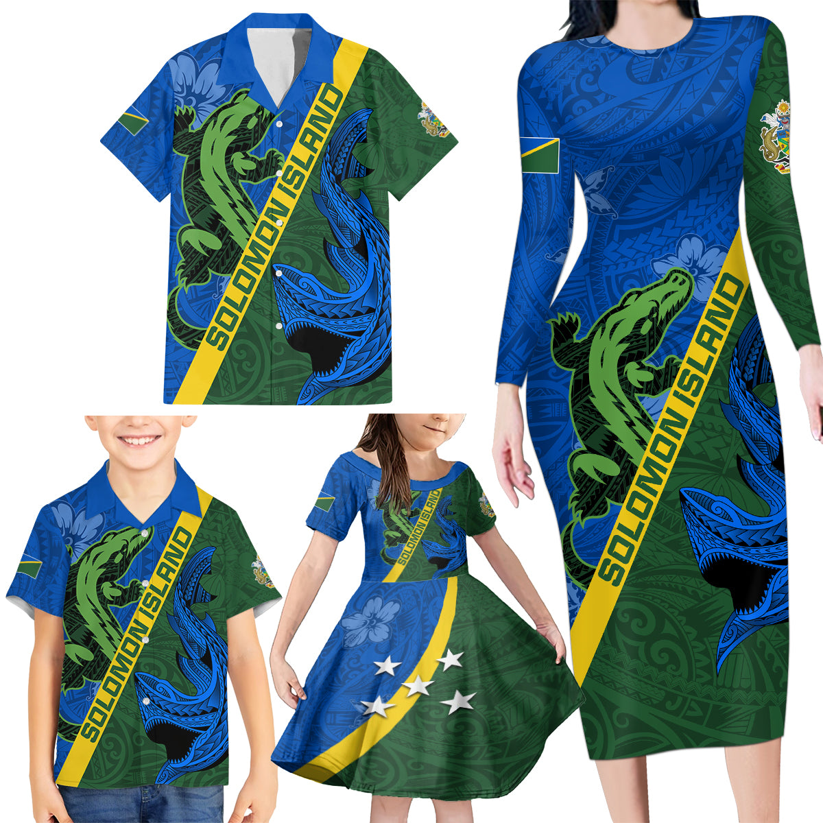 Solomon Island Crocodile and Shark Family Matching Long Sleeve Bodycon Dress and Hawaiian Shirt Polynesian Pattern LT03 - Polynesian Pride