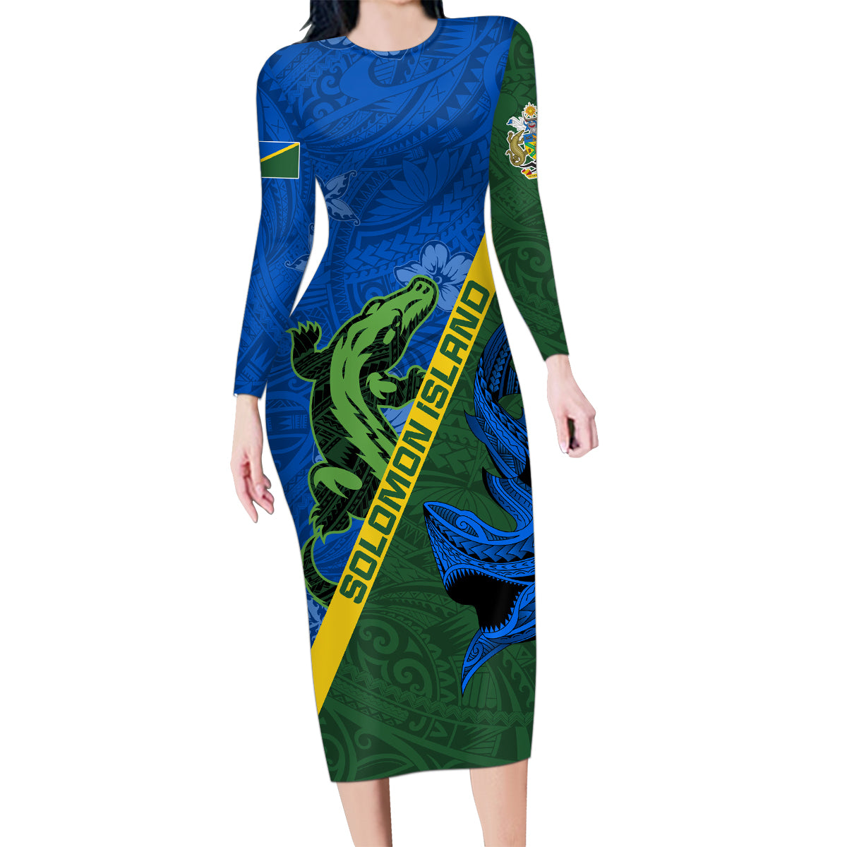 Solomon Island Crocodile and Shark Family Matching Long Sleeve Bodycon Dress and Hawaiian Shirt Polynesian Pattern LT03 Mom's Dress Blue - Polynesian Pride
