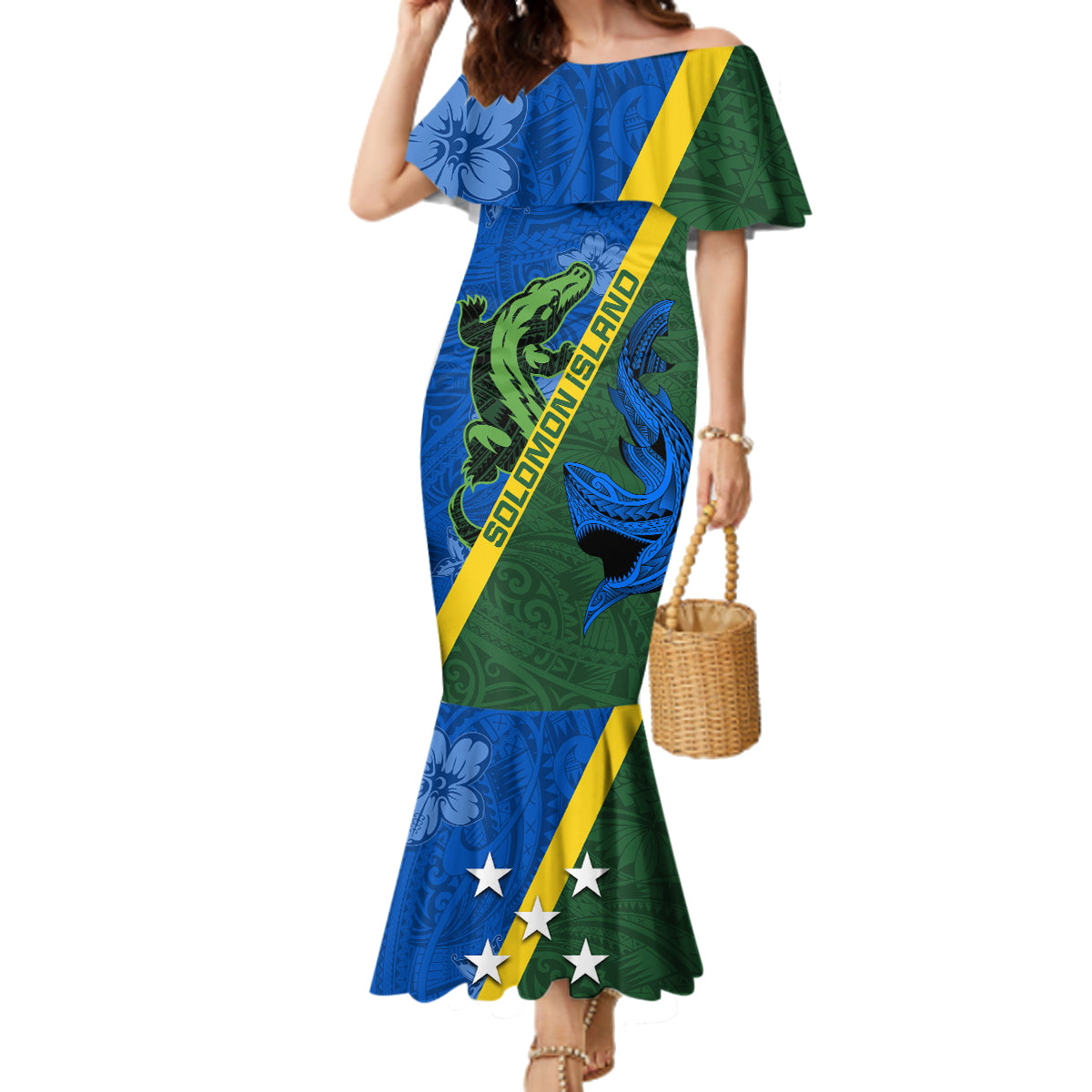 Solomon Island Crocodile and Shark Family Matching Mermaid Dress and Hawaiian Shirt Polynesian Pattern LT03 Mom's Dress Blue - Polynesian Pride