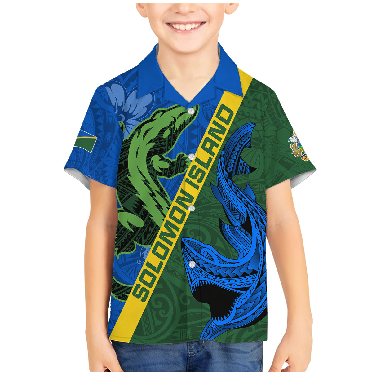 Solomon Island Crocodile and Shark Family Matching Mermaid Dress and Hawaiian Shirt Polynesian Pattern LT03 Son's Shirt Blue - Polynesian Pride